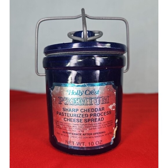 Cheese Butter Crock Jar Cobalt Blue Farmhouse VTG Wire Bail Lid Holly Crest - Picture 1 of 13